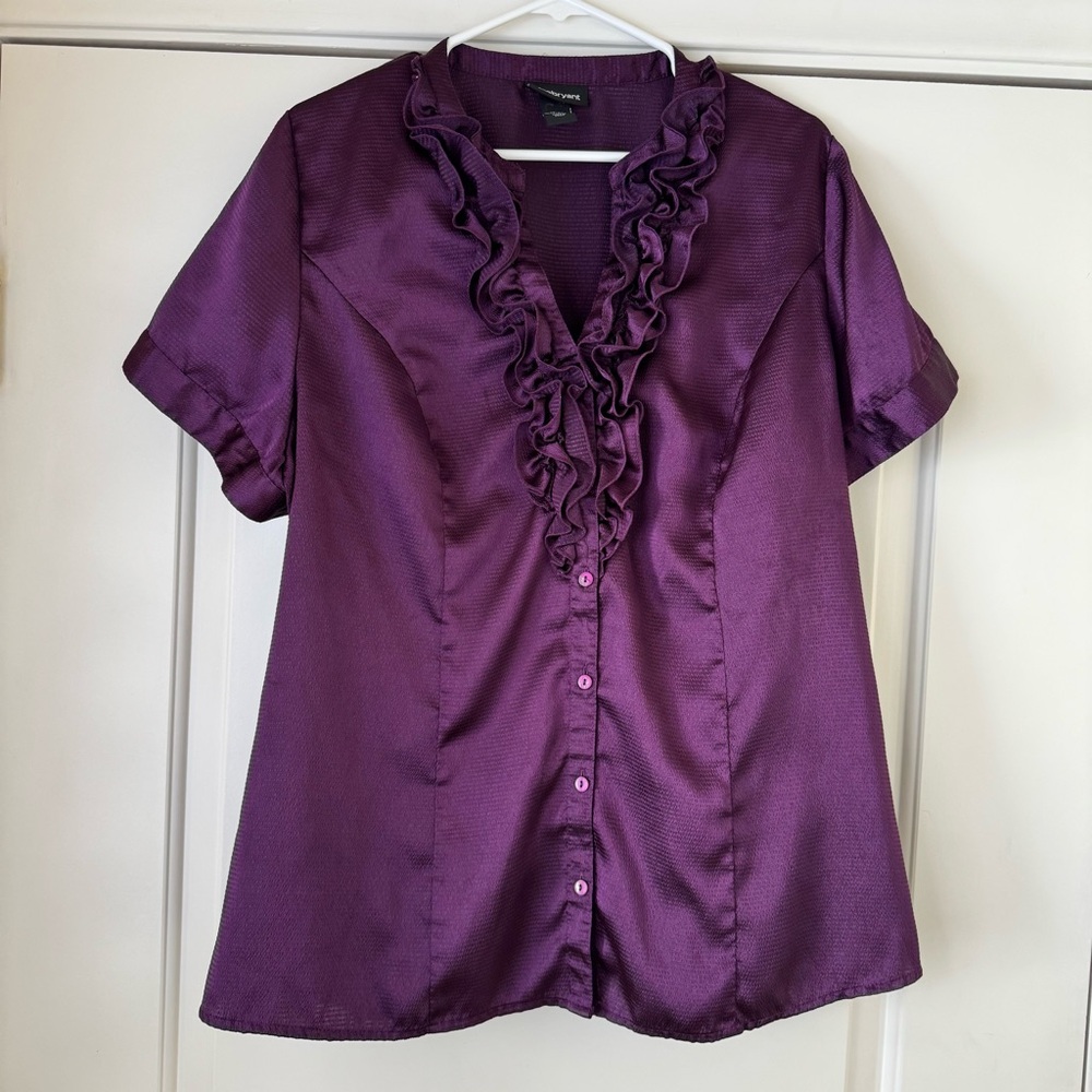 Lane Bryant Button Front Ruffle Purple Top Short Sleeve Blouse Womens 18/20